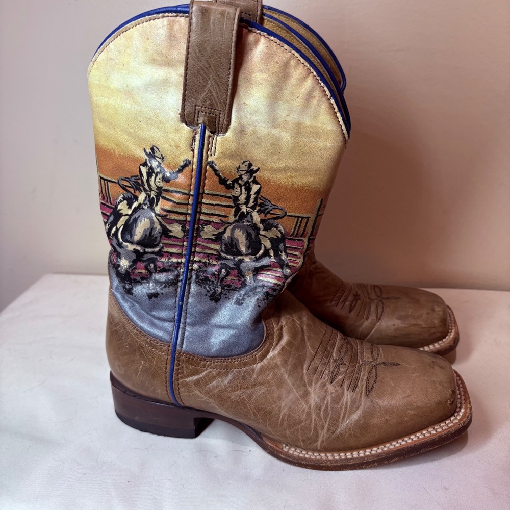 Roper Kids Leather Rodeo Scene Cowboy Boots Tan Square Toe Size 4 5643 5